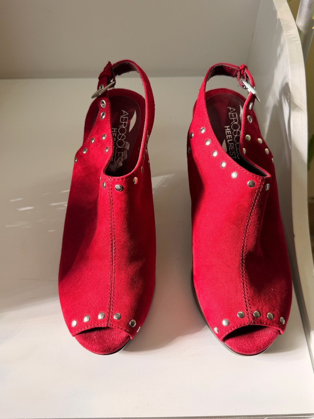 Aerosoles Red Suede Studded Peep-Toe Slingback Heels 5 1/2 NWOT